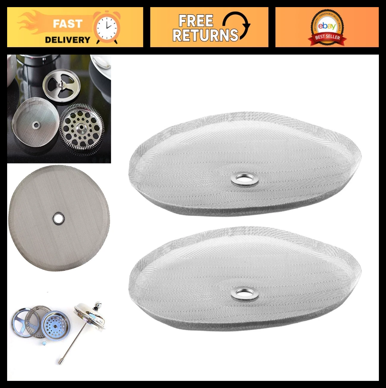 Universal 4.6" French Coffee Press Replacement Filter Screens - 2 Pack, 304 Stai