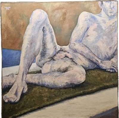  Reserved Listing, Oil Painting Of A Nude Male,  S. Dunkl, Titled, ''Blue Boy''. 