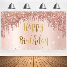 Rose Gold Happy Birthday Banner Backdrop Decorations for Large,