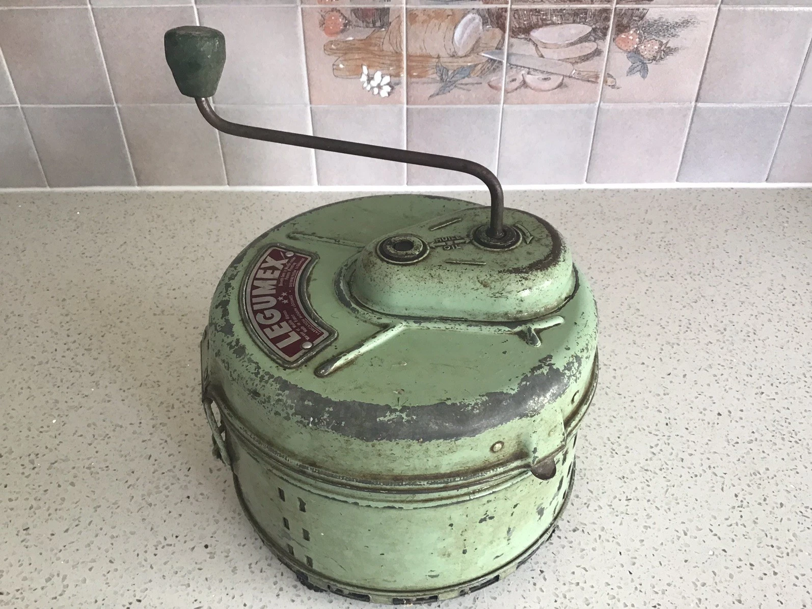 Vintage Potato Peeler Drum Legumex Green Rustic Patina 1950s French Kitchenalia