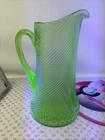Vintage Federal Glass Uranium Pitcher Corded Optic Swirl Pattern Depression Era