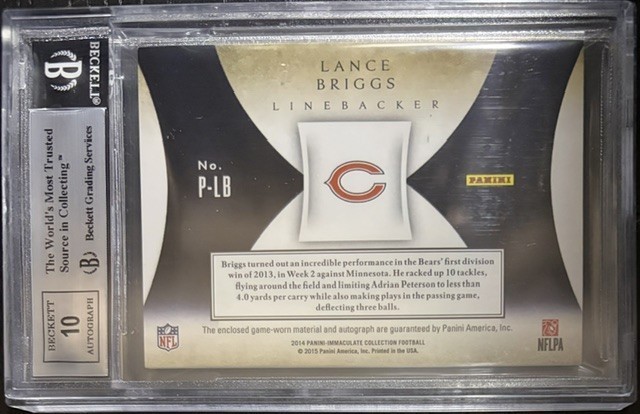 2014 Immaculate Collection Patch Auto #38 Lance Briggs Highest grade POP 2 view 2