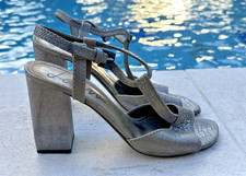 LANVIN GRAY CRACKLED LEATHER STRAPPY BLOCK HEEL DETAIL CASUAL SANDALS Sz 39M