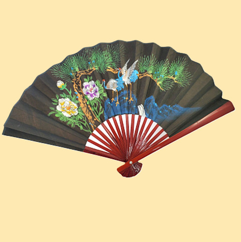 LARGE 24"  Vintage Fujian Chinese Hand PAINTED Wall FAN  2 CRANES Waterfall #2