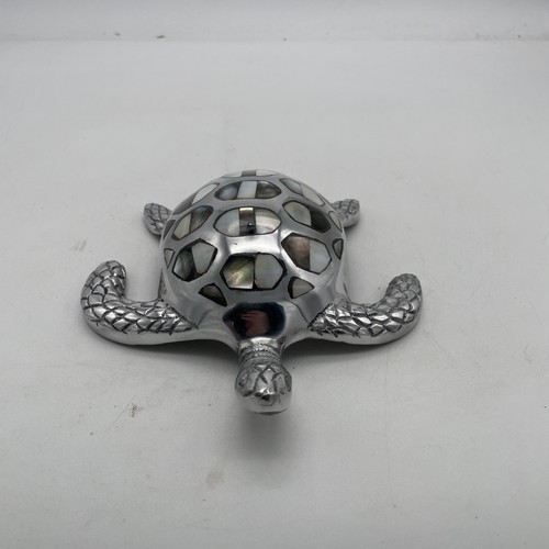 Sea Turtle Sculpture Silver Metal Abalone Shell Inlay Coastal Home Decor 8.5” - Picture 5 of 15