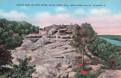 Castle Rock on Rock River - Black Hawk Trail - Rock River Valley IL - Postcard
