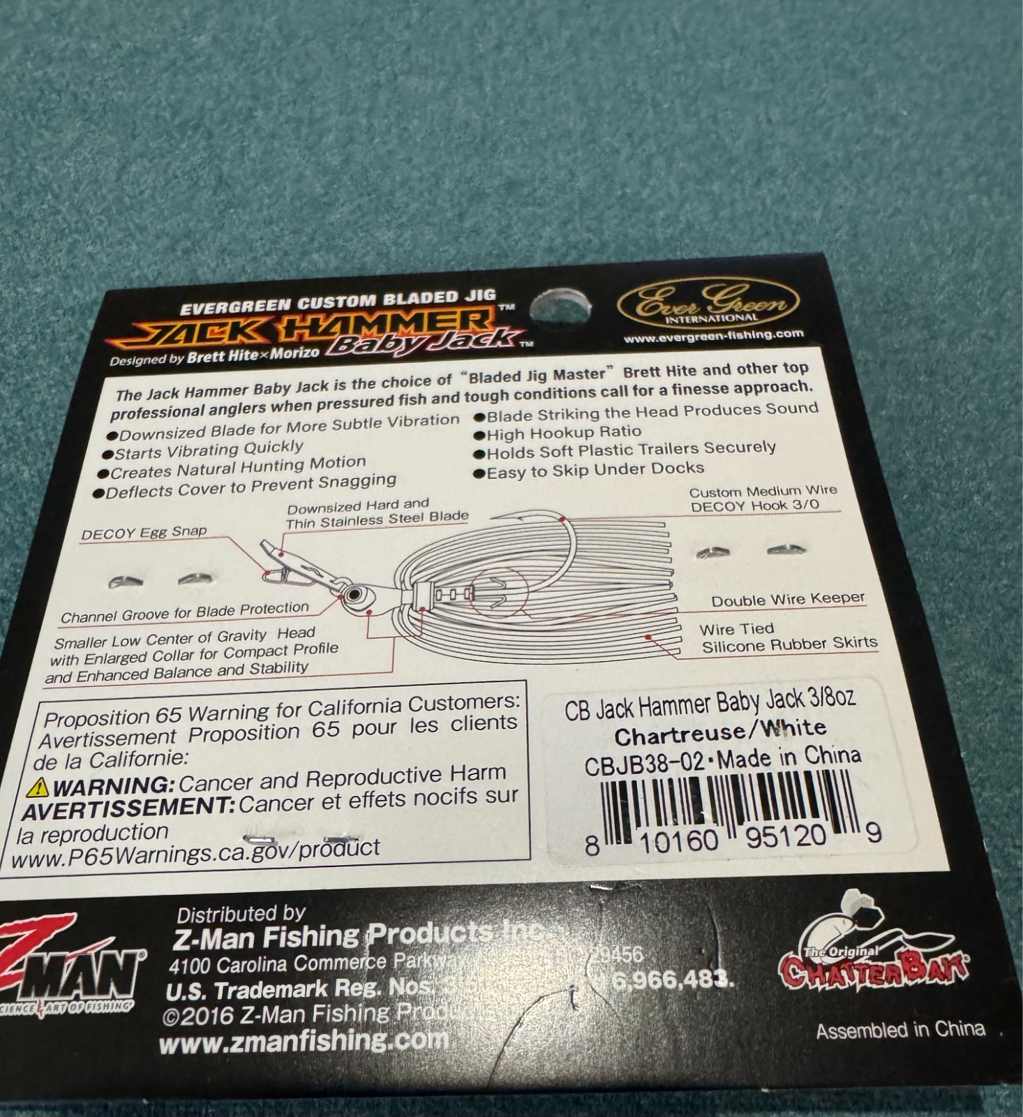 Z-Man Baby Jack Jack Hammer Chatterbait 3/8 Oz Chartreuse/White - Image 2