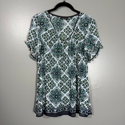 Avenue Teal Floral Y2K Boho Babydoll Peasant Blouse - 14/16 - Women's Plus Size