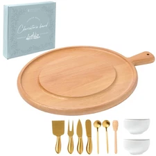 Charcuterie Board Gift Set - Beech Round Serving Board with Handle and Comple...