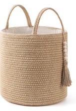 Woven Storage Basket Natural Rope With Wooden Bead Decoration (Brown, 28 x 28cm)