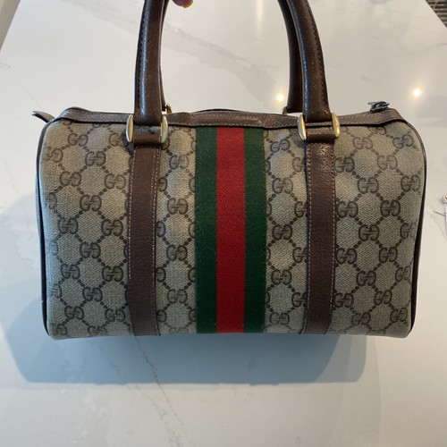 VTG Gucci Leather GG Monogram Boston Satchel Bag Purse Brown Red Green Stripe - Picture 9 of 19