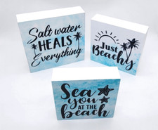 3 Pcs - Summer Deocr, Salt Water, Beach Theme Wood Box Sign Decor Desk, Kitchen