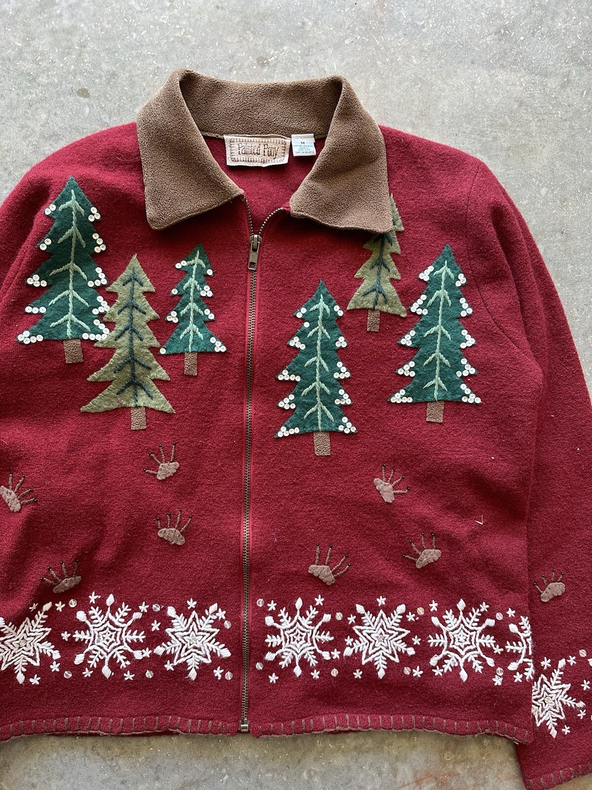 Giacca donna vintage dipinta rosso pony media full zip Natale ritagliata USA