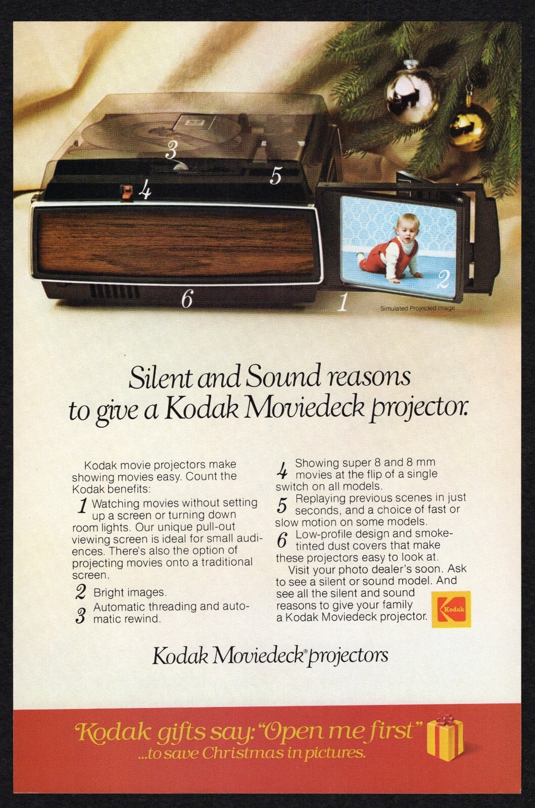 1977 Kodak Moviedeck Projector Built In Screen Bright Super 8 mm Auto Print Ad