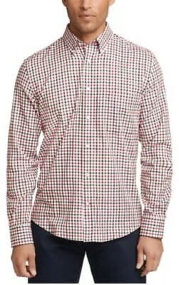 Ralph Lauren Mens Reg Fit Check Shorter Length Stretch Dress Shirt Red Multi S