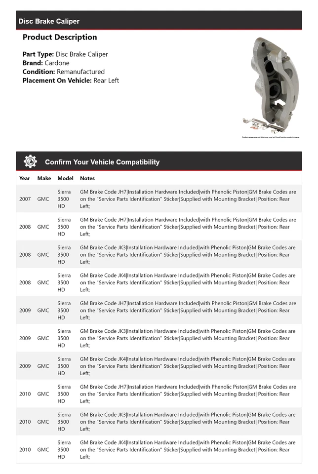 Pinza de freno de disco trasera izquierda Cardone 2008 2009 para GMC Sierra 3500 HD 2007-2010 Foto 2 de 4