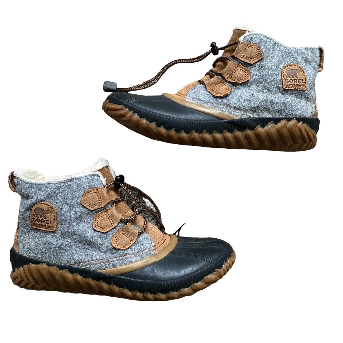 Sorel Out N About Plus Waterproof Duck Boots Gray Felt Tan Leather