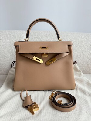 Hermes Kelly28 Shoulder Bag 0M Chai Evercolor Leather Gold