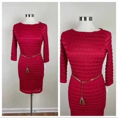 Sharagano Solid Red Chevron Long Sleeve Dress With Belt New Women Size 4 