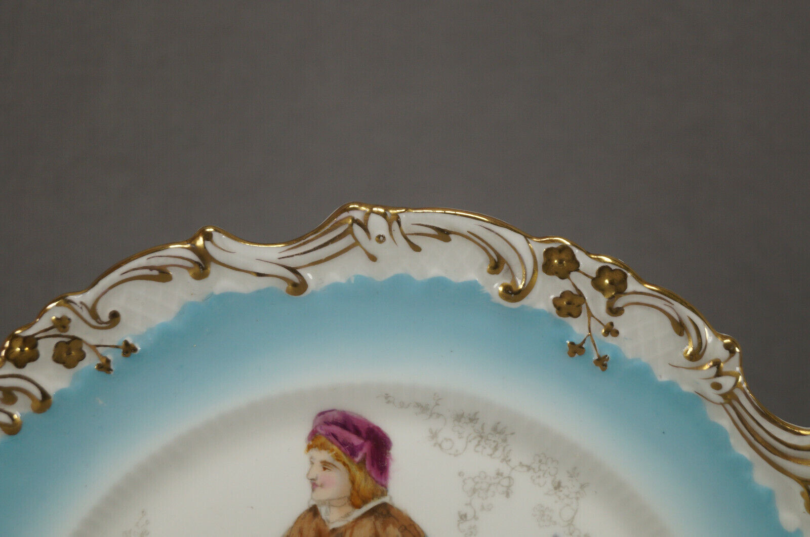 Adderley Hand Colored Renaissance Gentleman Turquoise & Gold 8 7/8 Inch Plate