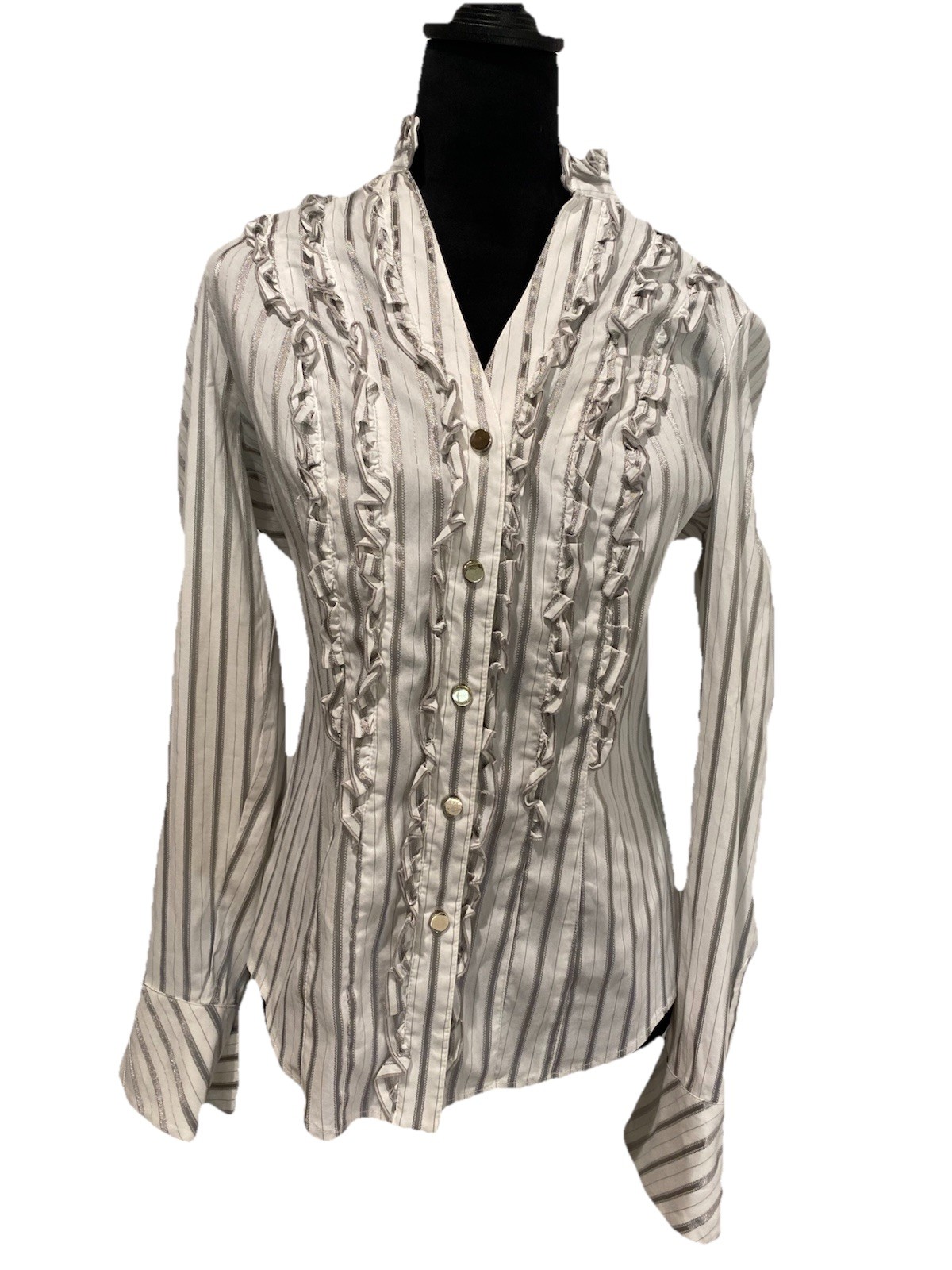Cache Silver pinstripe snap button blouse large r… - image 1