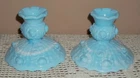 2 Vintage Fenton Blue & White Slag Glass Cabbage Rose Taper Candle Holders