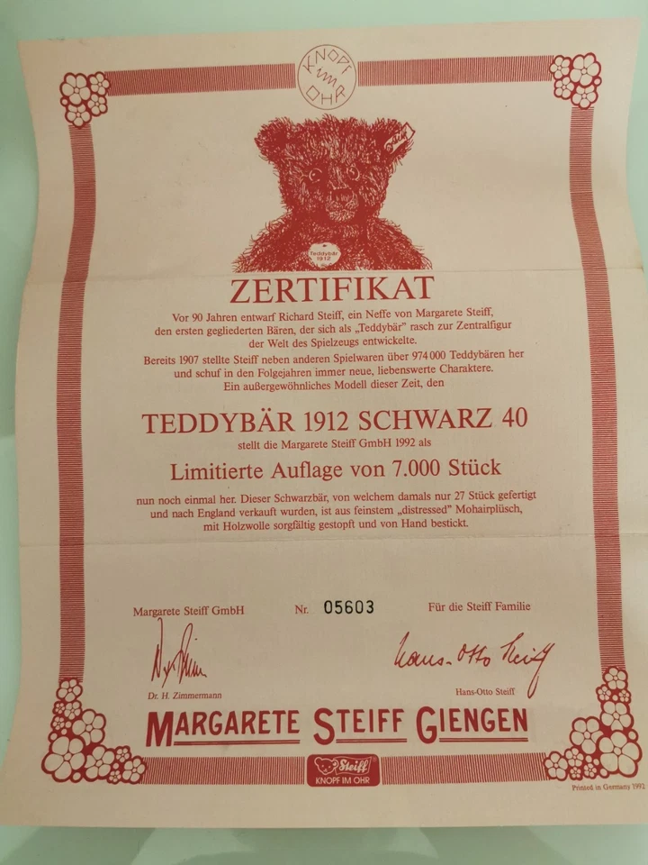 STEIFF TEDDYBÄR 1912 Replica | 406805 | KFS | 40 cm | Jahr 1992 | LIMITIERT - Bild 4 von 4