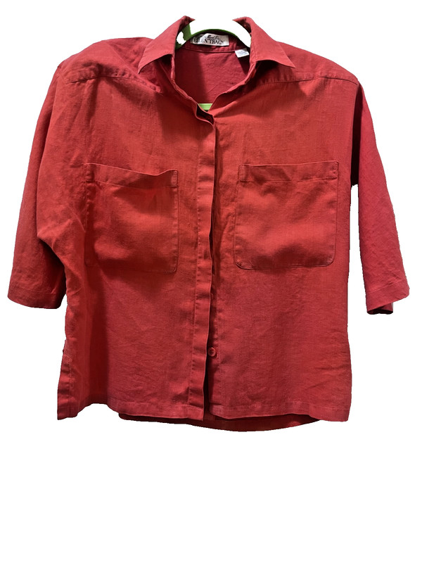 Ellen Tracy Heather Red Linen Blend Blouse SZ 4 with shoulder pads, vintage