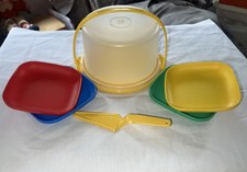 TUPPERWARE NEW Kids Cake Party Set-Primary Color Cake Taker 4 Plates Server