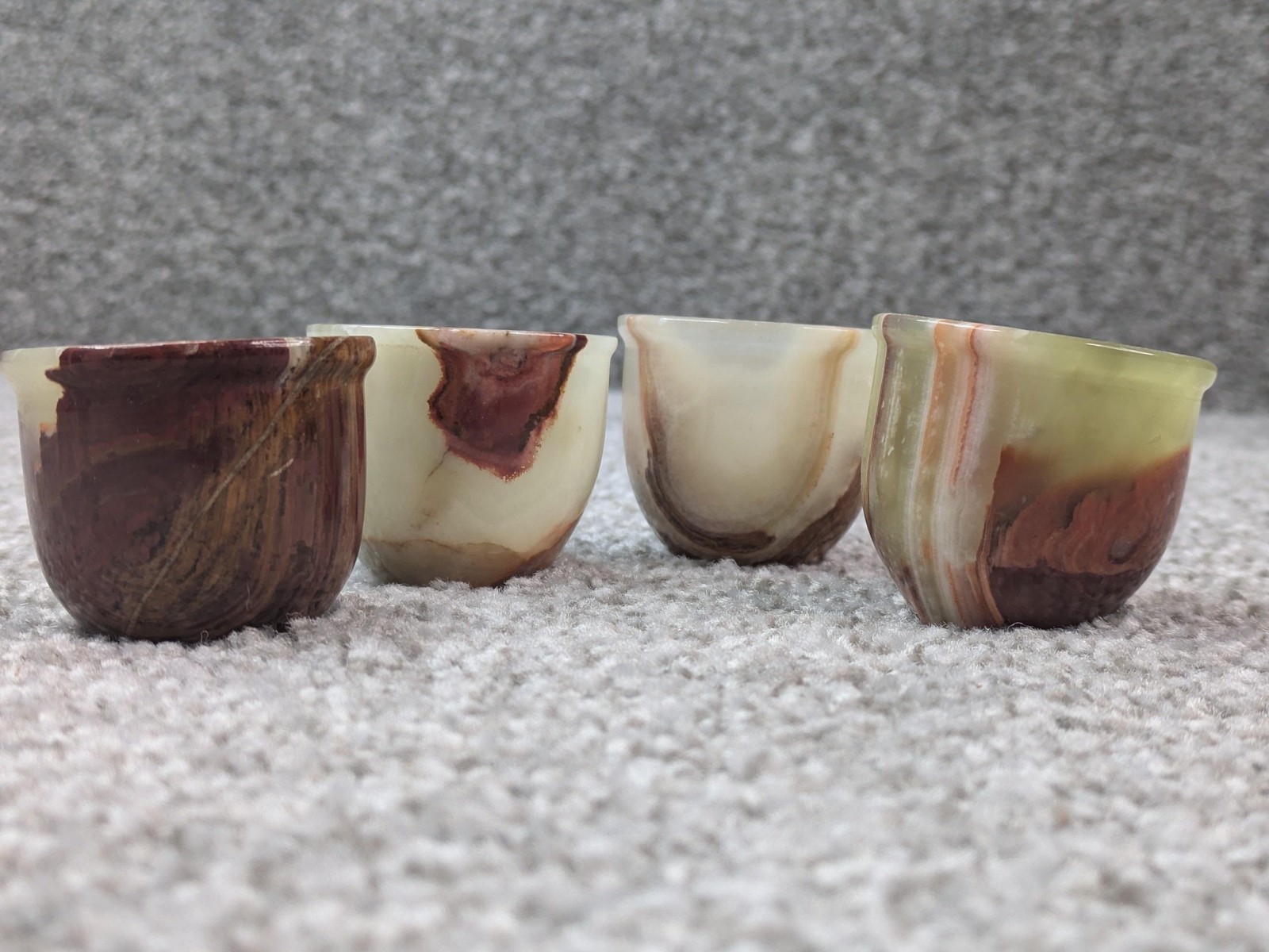 Onyx Stone Shot Glasses Set Of 4 Green Brown Agate Carved Marble Cups Vtg Decor