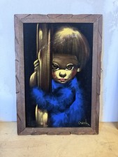 Quadro vintage bambino occhi grandi che piangono su velluto nero - firmato Cronly