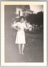 Vtg B&W Snapshot Woman In Patterned Two Piece Outfit Posing By House 1940s