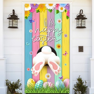 Happy Easter Decorations Colorful Eggs Flowers Bunny Door Cover Banner 35x72''