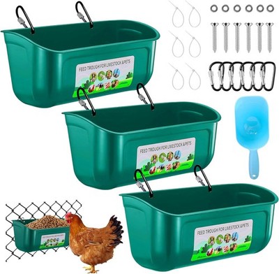 3 Pack Chicken Feeder Duck Feeder Supplies Hanging Fence Feed Trough W/ Clips
