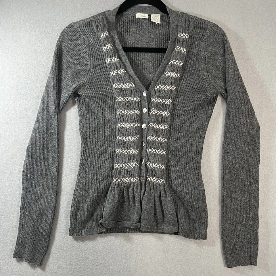 Cárdigan Acanalado Anthropologie Odille M Gris Algodón Angora Mezcla Cachemira Y2K Foto 2 de 4