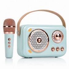 Bluetooth Karaoke Machine w/Wireless Mic Retro Speaker for Kids Adults.