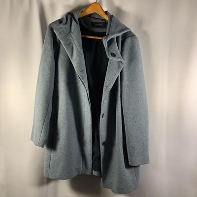 Zara Basic Coat Womens Large Light Blue Hooded Winter Wool Blend Button Closure