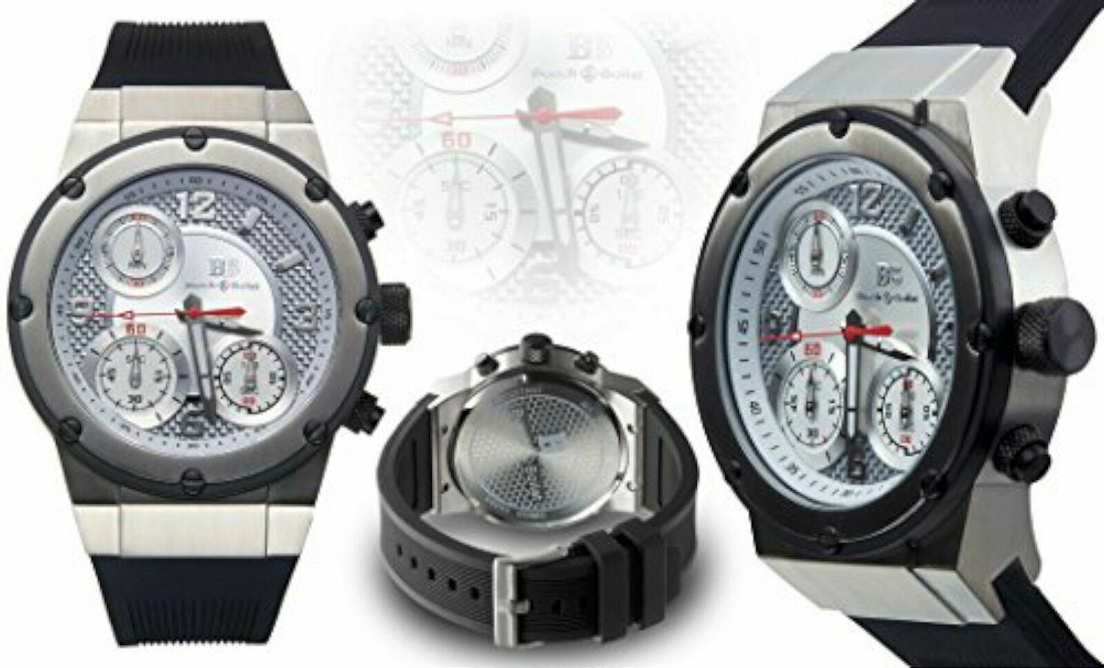NEW Buech & Boilat 14068 Mens Swiss Chronograph Bastone Series Silver Case Watch