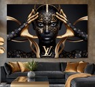 LEINWAND BILDER BIS 170x110x5 LV GESICHT SCHWARZ-GOLD LUXURIÖSES WANDBILD MODE