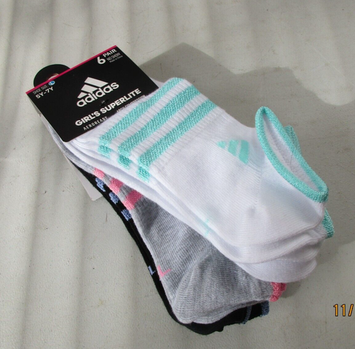 GIRL'S ADIDAS SUPERLITE ASSORTED COLORS NO SHOW SOCKS SHOE SIZE 5Y-7Y 6 Pairs