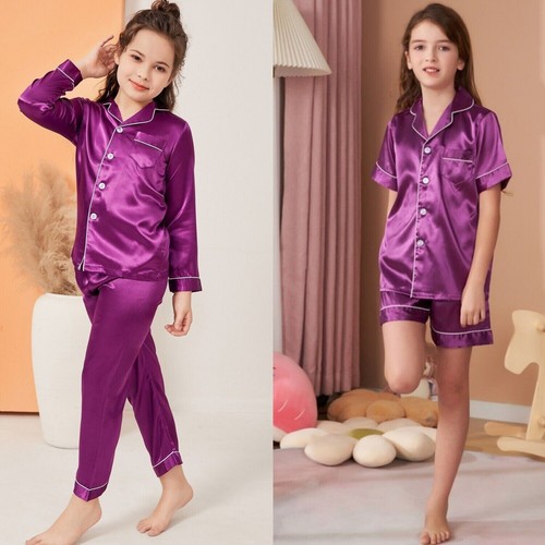 UK Boys Girls Silk Pyjamas Nightwear Top Pants Pjs Satin Sleepwear Outfits Kids - Picture 27 of 29