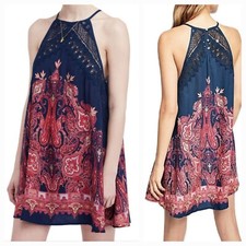 Free People Size Small Shea Printed Slip Mini Dress Crochet Blue Pink Intimately