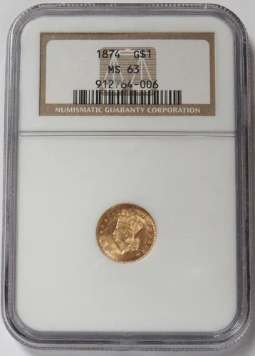1874 GOLD $1 DOLLAR PRINCESS HEAD COIN NGC MINT STATE 63 PQ