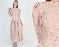 Vtg Cachet By Bari Protas Drop Waist Dress Deco Flapper Lace Wedding Designer 11