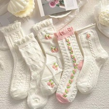2 Pairs Women Girl Floral Crew Socks Cute Ruffle Flower Novelty Gift Casual