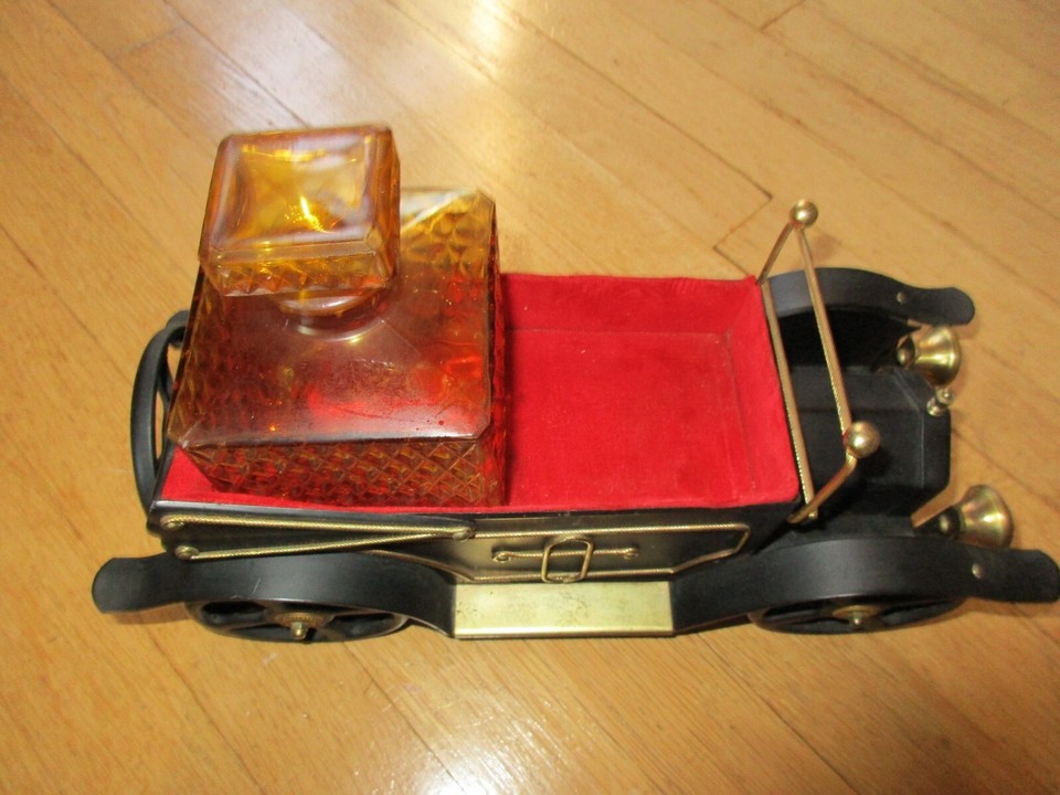 Vintage Car Liquor Decanter Caddy Music Box Plays "How Dry I Am" Works