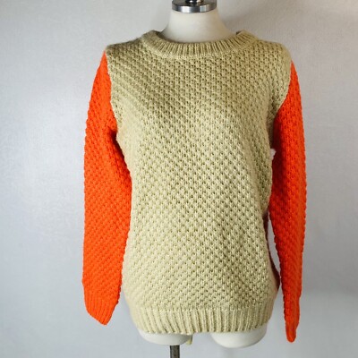 Anthropologie Numph Sz M Cream and Neon Orange Sweater Pullover Crew Neck NWOT