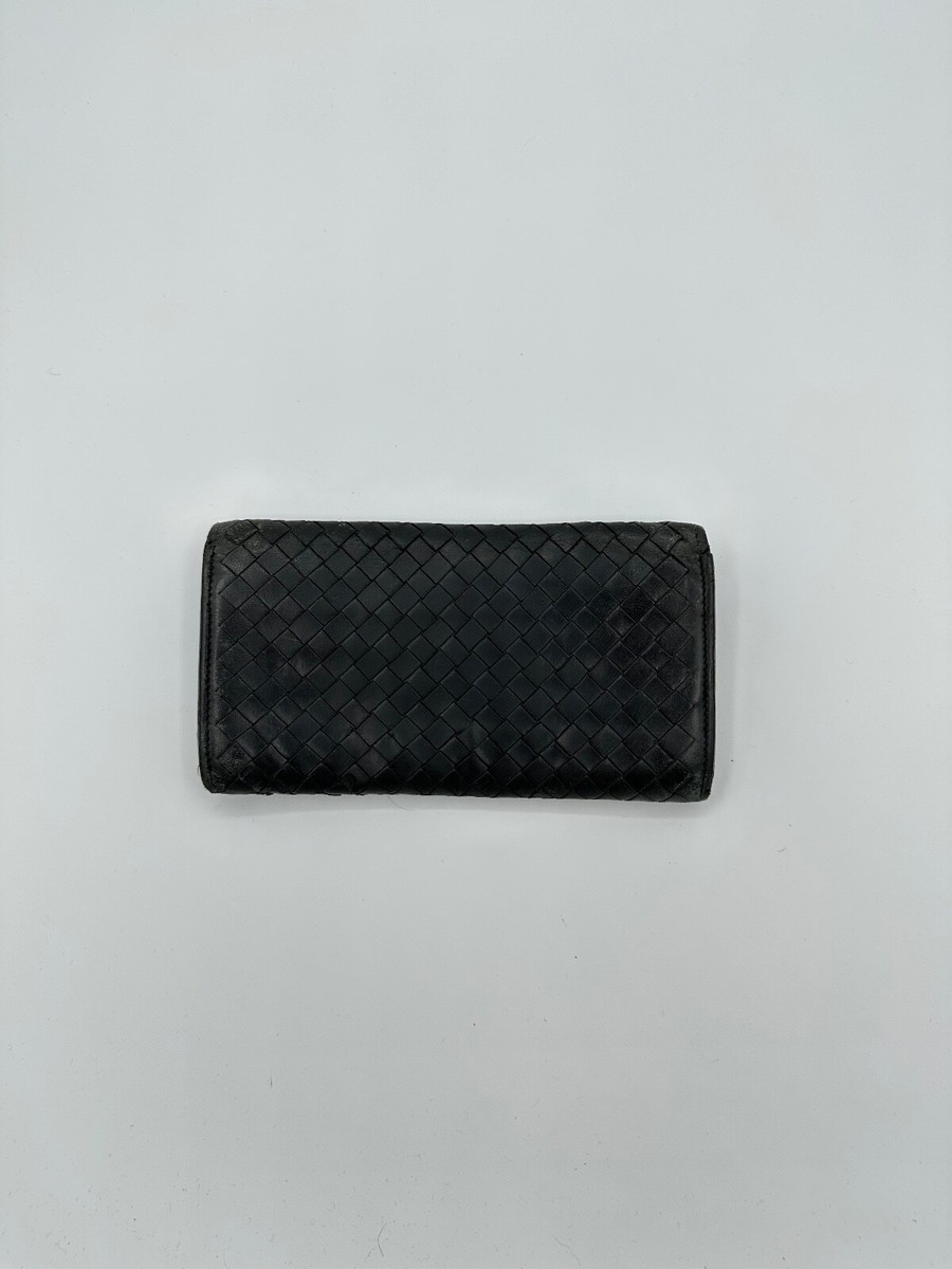 Bottega Veneta Vintage Black Leather Long Fold Wallet; Intrecciato