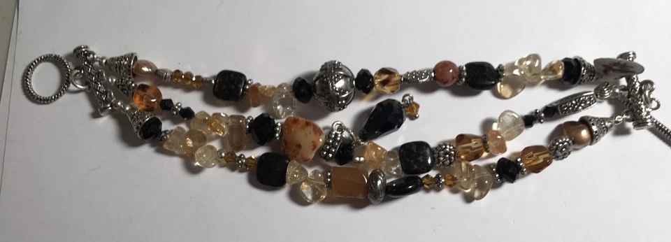 Pulsera Triple Hilo Multi Piedra, Plata Tibetana, Ónix, Cristal, Ámbar, Perla Foto 2 de 3