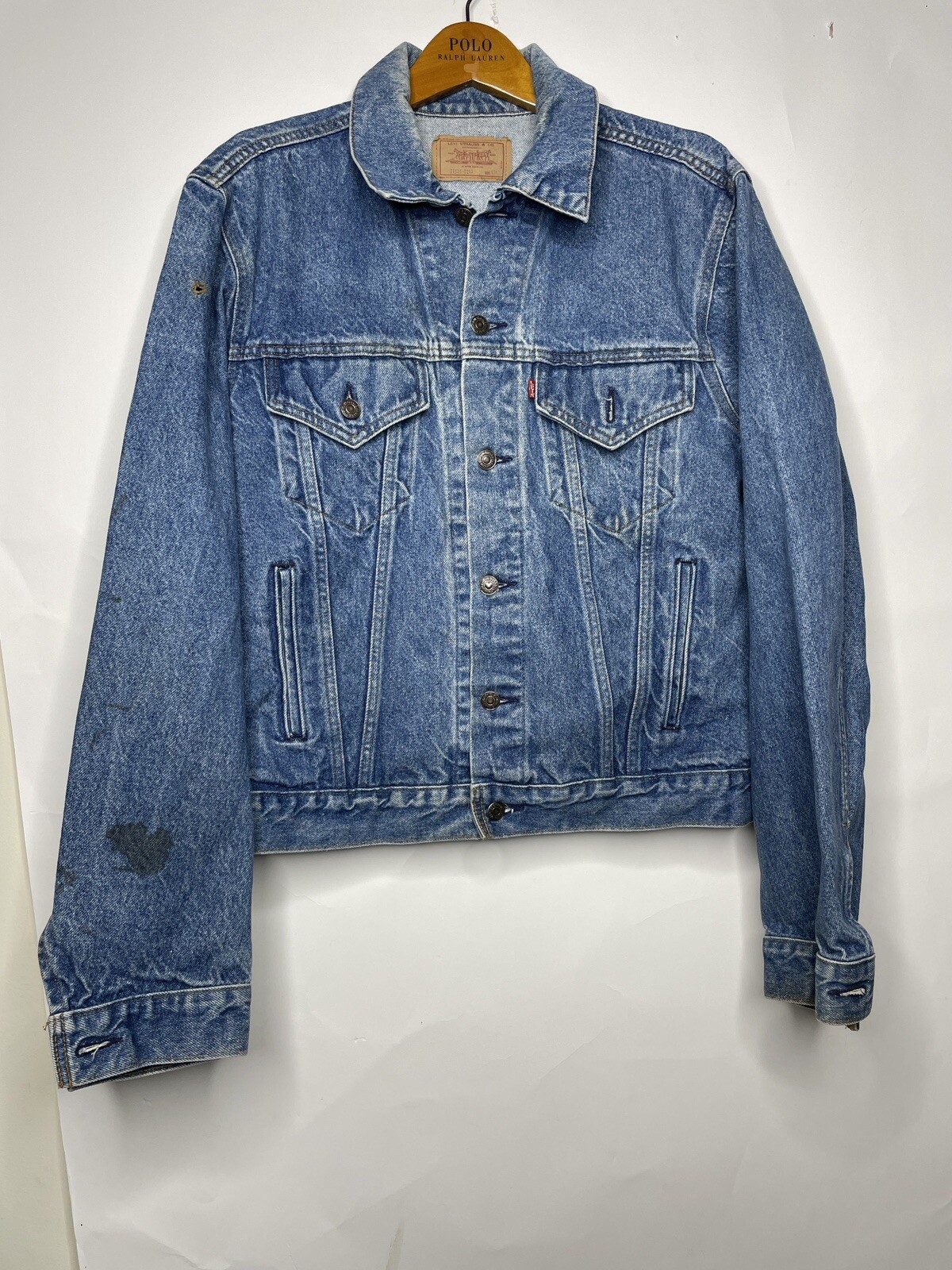 Vintage Levi's Denim Trucker Jacket Men's 46L 71506-0216 Red Tab USA 80's FLAWS